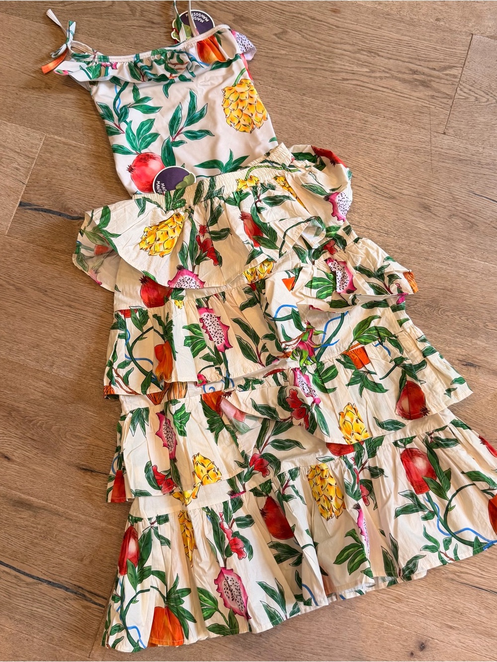 Girls Maison Mangostan Tropical Tiered Ruffle skirt and matching swimsuit